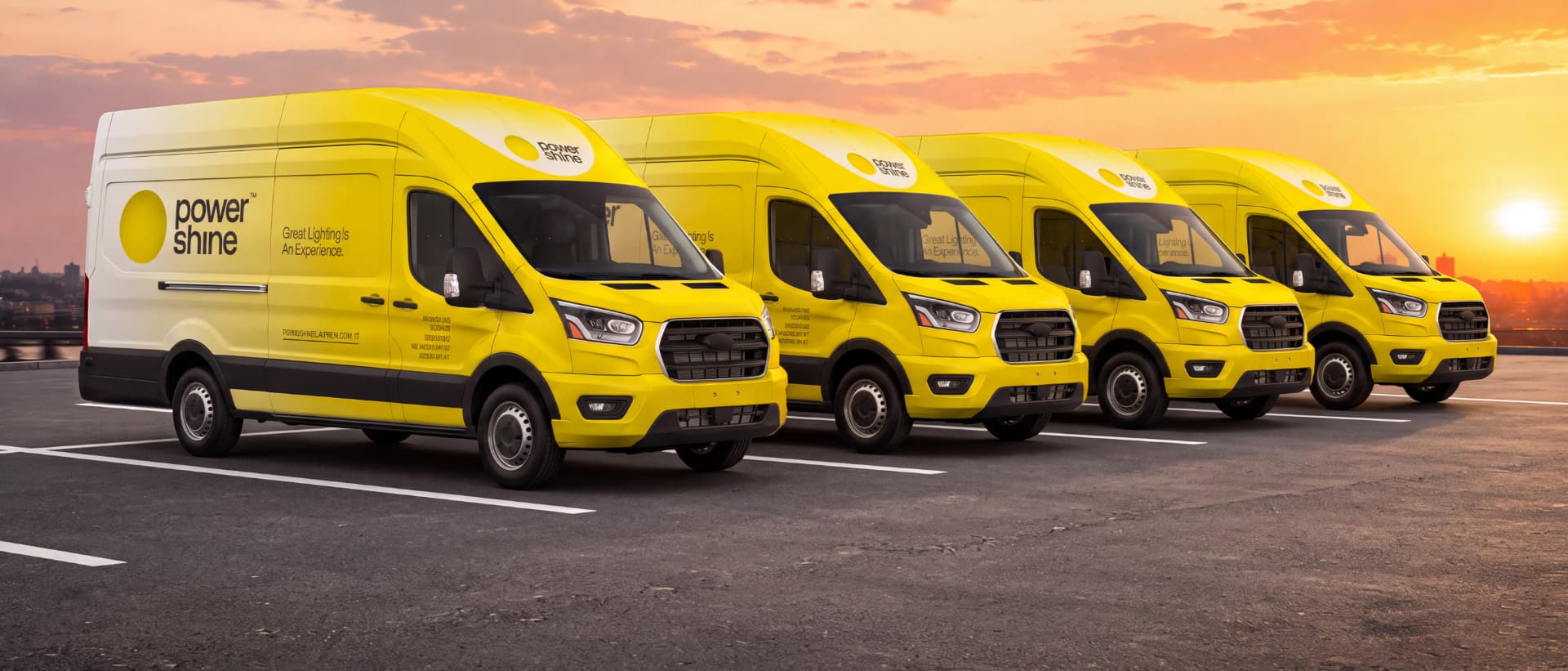 A lineup of Powershine branded delivery vans at sunset