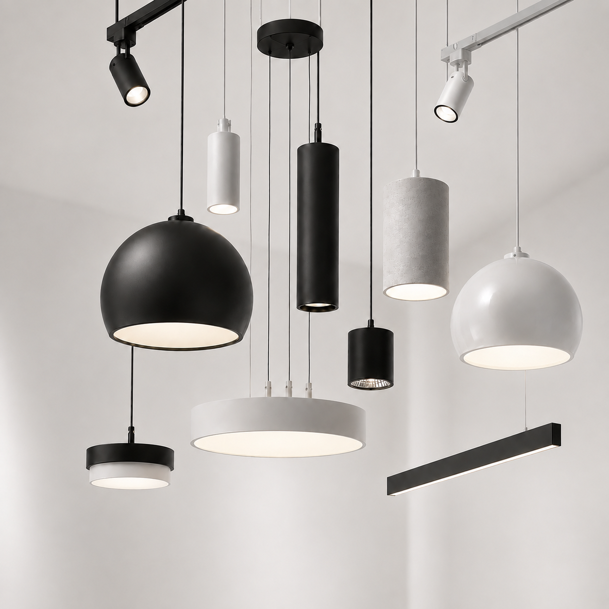 A bright white commercial interior with recessed downlights and linear LED fixtures